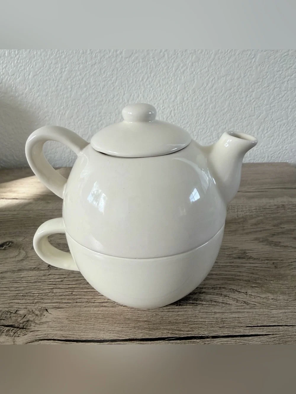 Pier 1 White Porcelain Single Serve Coffee Teapot Cup 3pcs Tea-for-One Stackable